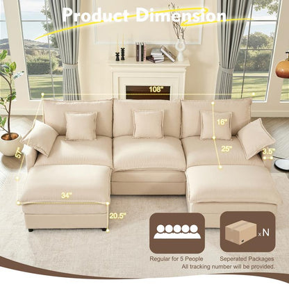 【2 Packages Shipping】Gosuhi 108" U-Shaped Modular Sectional Sofa - Comfy Cloud 3-Seater with Movable Ottoman, Deep Seat Linen Couch for Living Room, Beige Color ,Comfort & Stylish Design