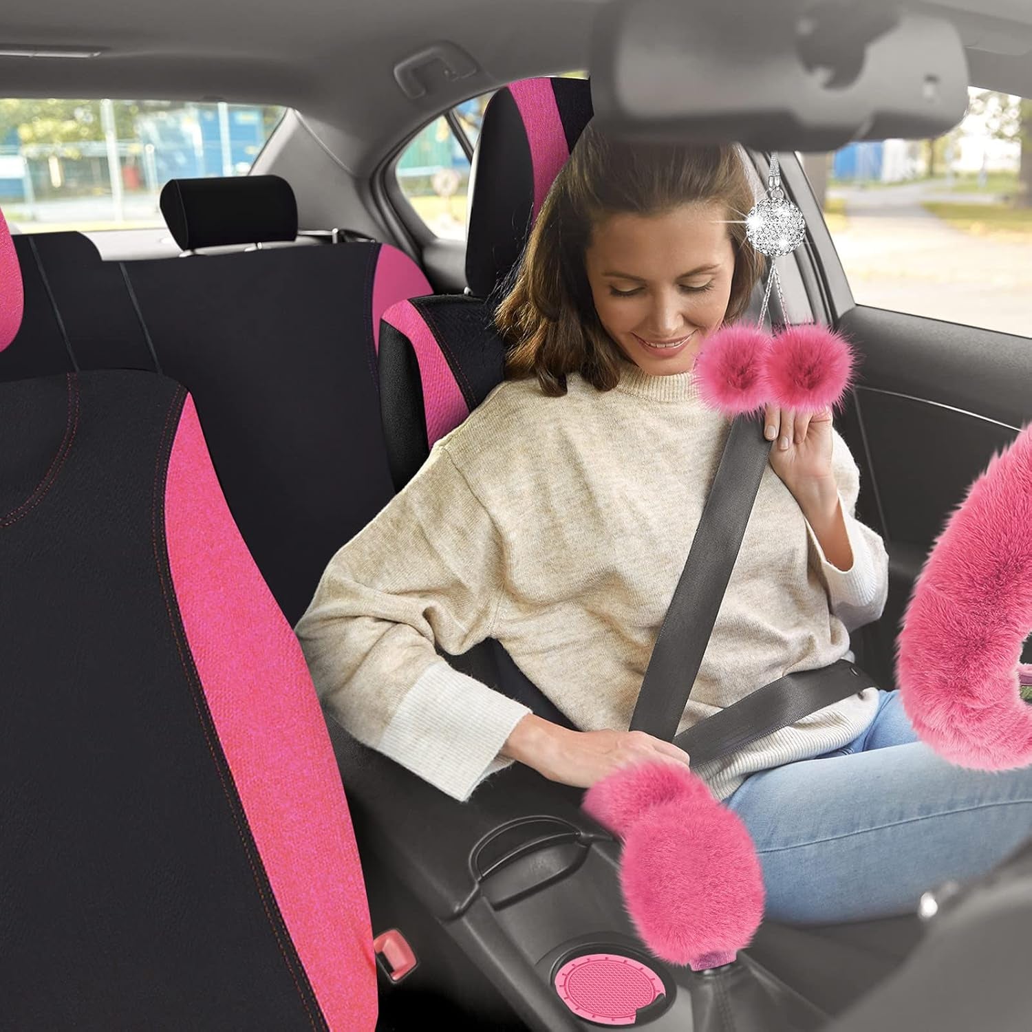 17 Pcs Car Seat Cover Full Set for Women Universal Fit Car Front Rear Fluffy Steering Wheel Fleece Handbrake Shift Covers Hanging Accessory Holder Ring Emblem(Pink Black)