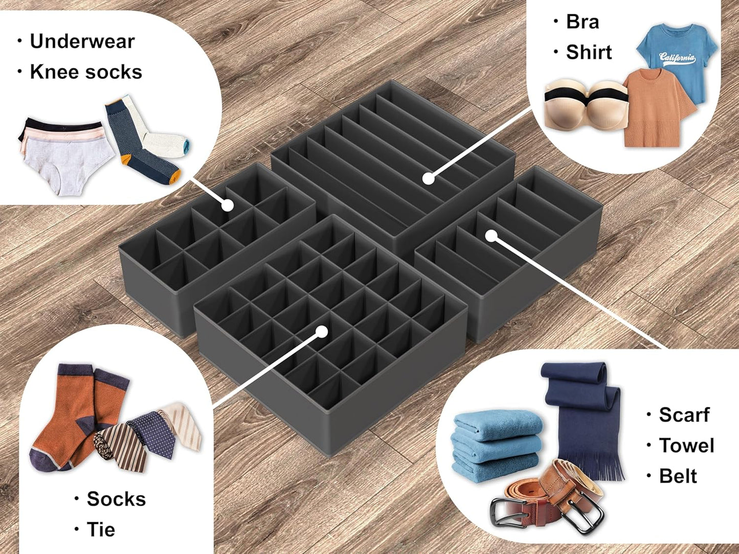 4-Pack Drawer Organizer Set - Closet Dividers for Underwear, Socks, Bras, Scarves, Ties - Foldable Non-Woven Storage Boxes, Dark Gray