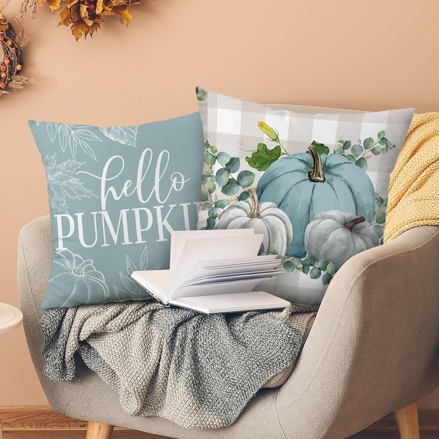 Fall Pillow Covers 18X18 Set of 4, Fall Decorations for Home Throw Pillows for Couch, Indoor & Outdoor Autumn Decor - Blue Pumpkin Seasonal Pillow Covers