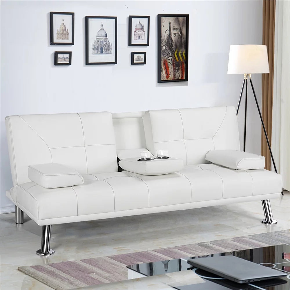 Luxurygoods Modern Faux Leather Futon with Cupholders and Pillows, White