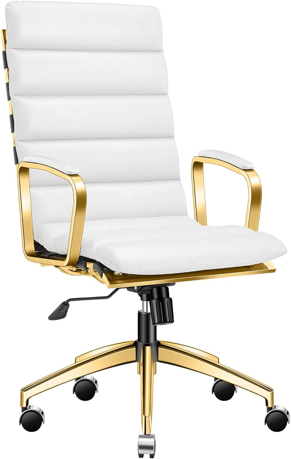 Ergonomic High Back Leather Office Chair with 330LBS Capacity, 360° Swivel, Adjustable Height, and 5-Wheel Casters - Modern Gold Frame Desk Chair for Home and Office (Gd-White)