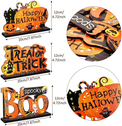 3Pcs Halloween Centerpieces for Tables Happy Indoor Table Decorations Pumpkin Table Centerpieces Wooden Boo Trick or Treat Sign for Halloween Party Indoor Tier Tray Room