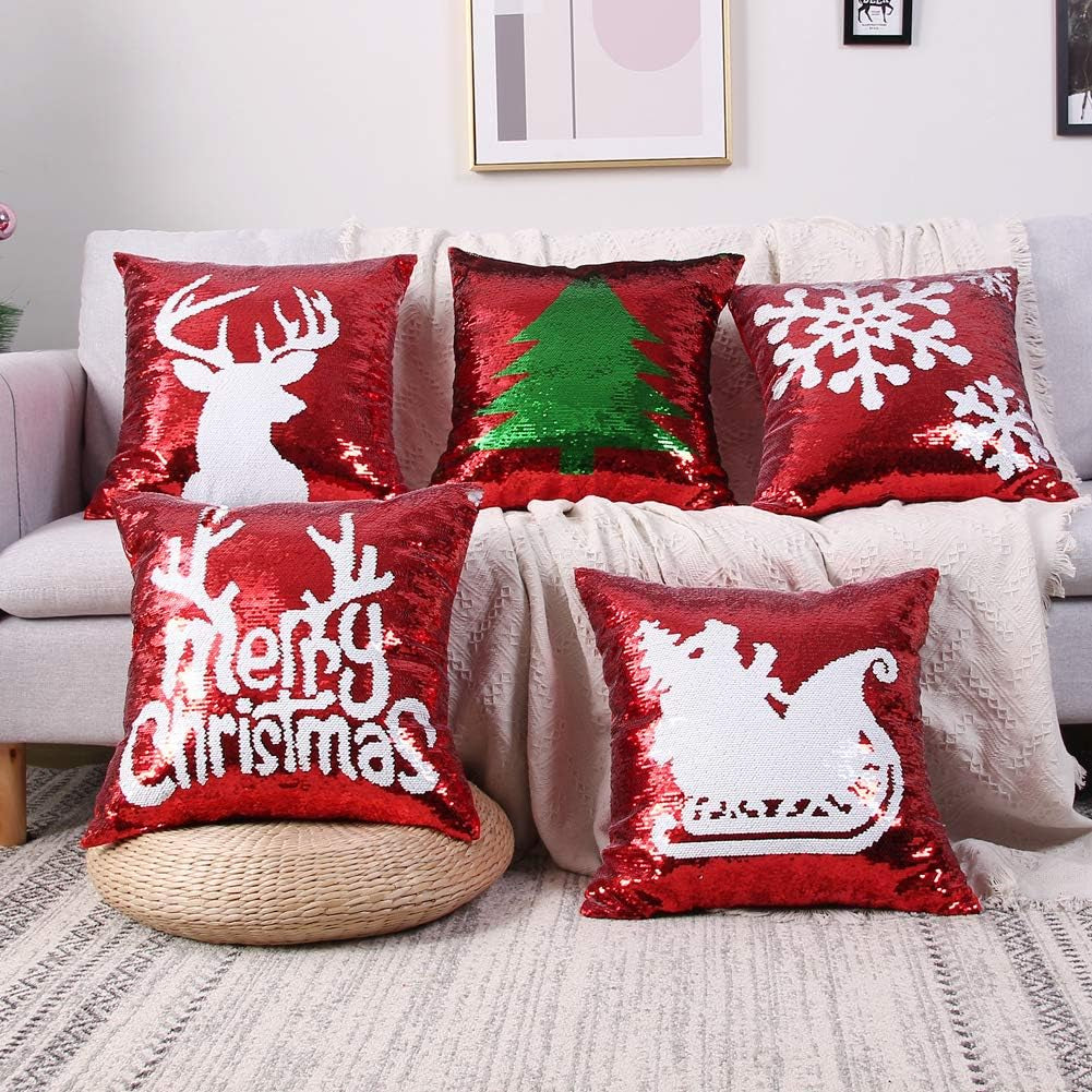 Reversible Sequins Pillow Covers 18 X 18 Inch Christmas Sequin Pillow Case Magic Red Mermaid Throw Decorative Pillowcase (Red-5 Pieces)
