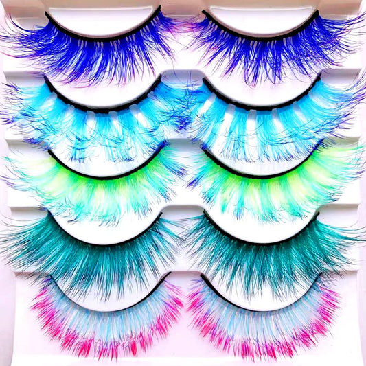 Ombre Colored Lashes Silk Protein Fluffy Wispy Volume Fake Lashes for Halloweens Cosplay Party Stage Russian D Curl Lashes with Color Make up Faux Mink False Eyelashes 5 Pairs