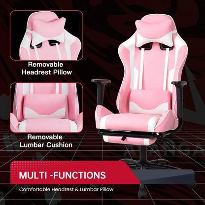 Ergonomic Gaming Chair , High Back PU Leather W/Footrest, Rolling Swivel for Adults ,Pink