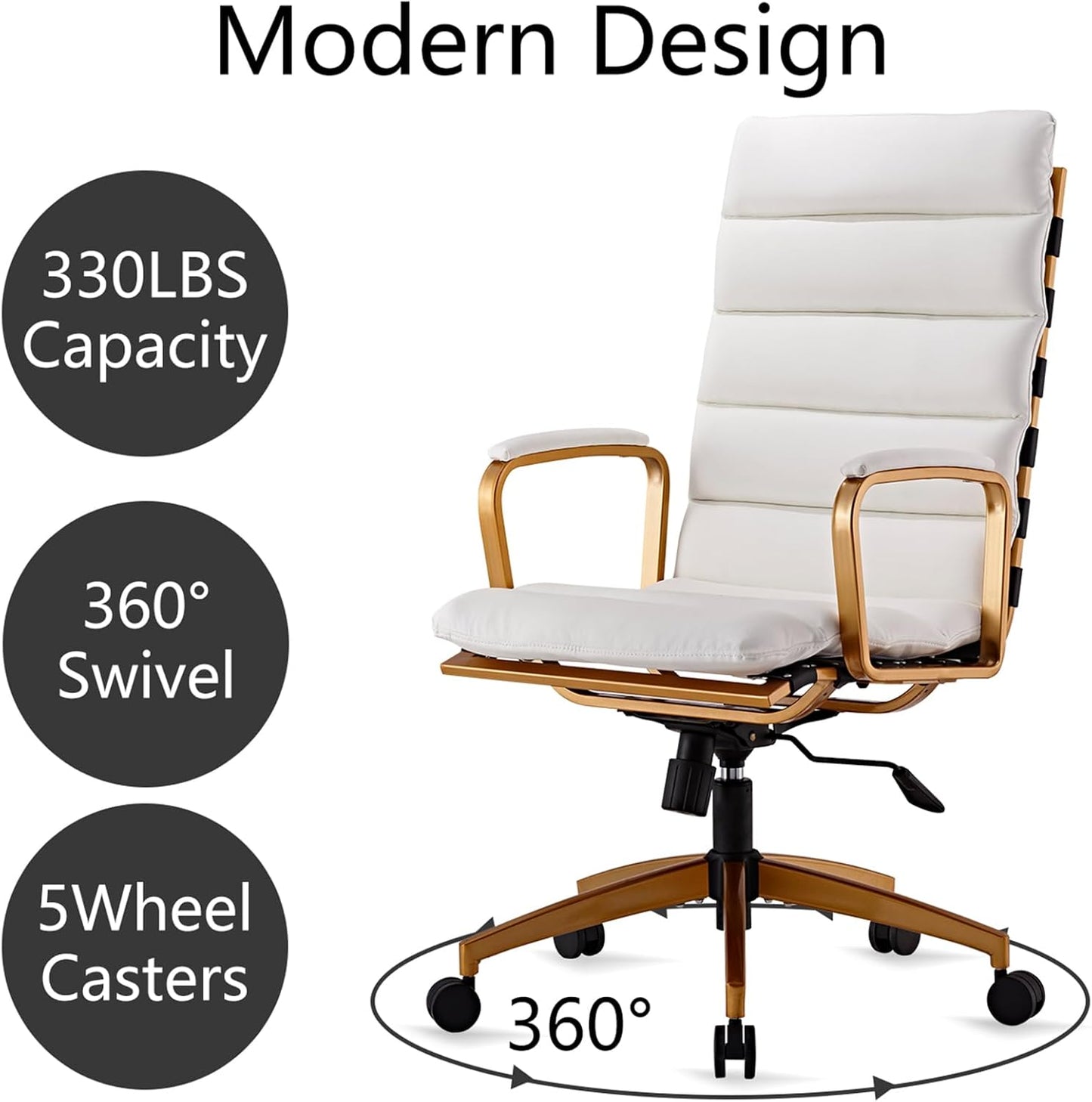 Ergonomic High Back Leather Office Chair with 330LBS Capacity, 360° Swivel, Adjustable Height, and 5-Wheel Casters - Modern Gold Frame Desk Chair for Home and Office (Gd-White)