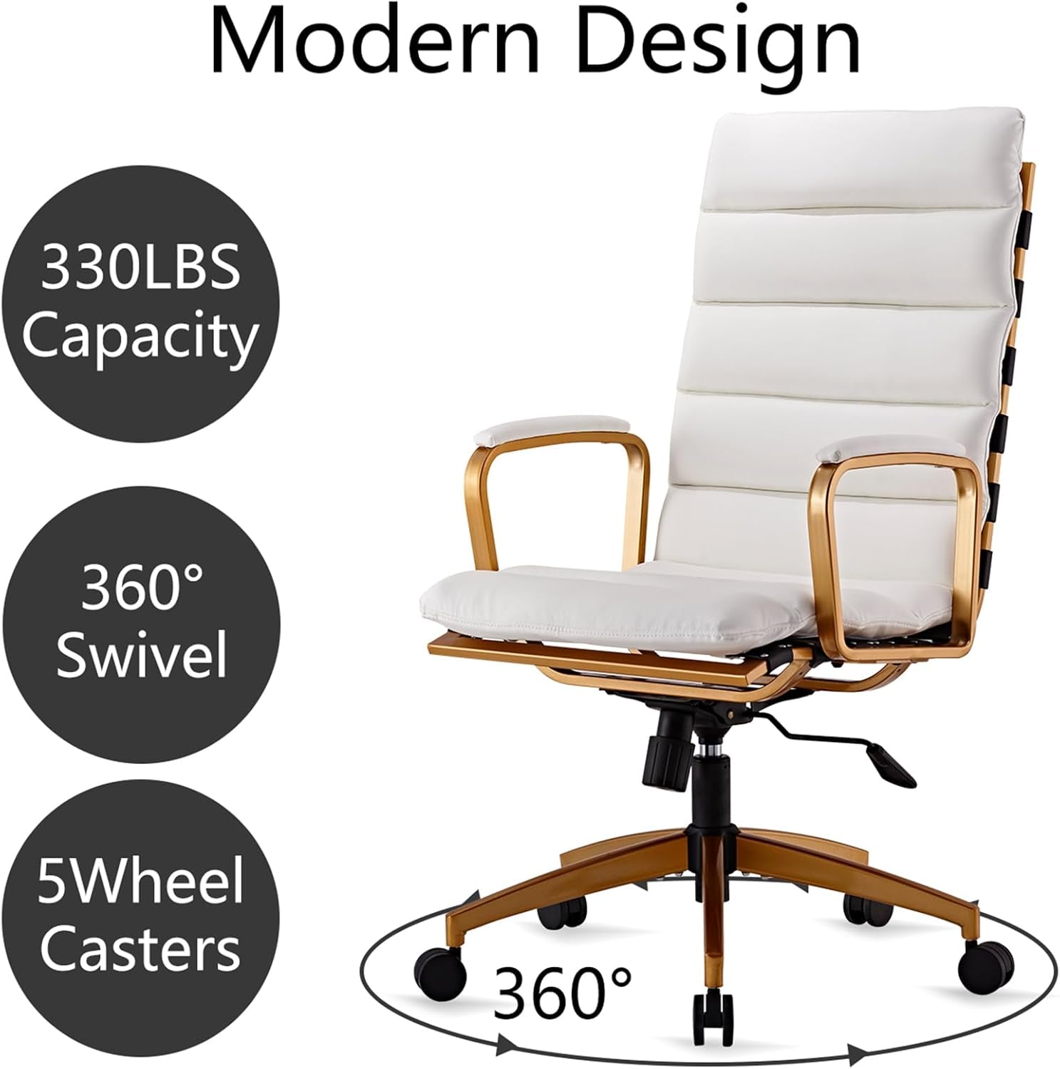 Ergonomic High Back Leather Office Chair with 330LBS Capacity, 360° Swivel, Adjustable Height, and 5-Wheel Casters - Modern Gold Frame Desk Chair for Home and Office (Gd-White)