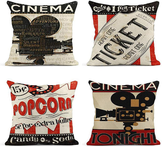 Set of 4 Vintage Cinema Movie Theater Linen Throw Pillow Covers, Fresh Popcorn Projector Admit One Decorative Pillow Cases Home Decor Square 18X18 Inches Pillowcases