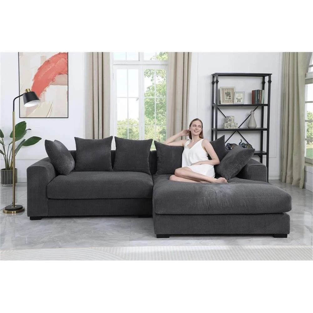 Solid Print L Shaped Sectional Sofa with Pillows, Dark Gray