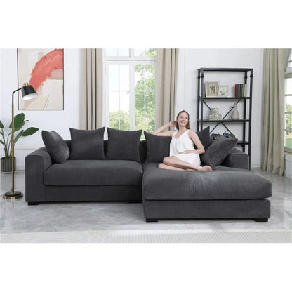 Solid Print L Shaped Sectional Sofa with Pillows, Dark Gray