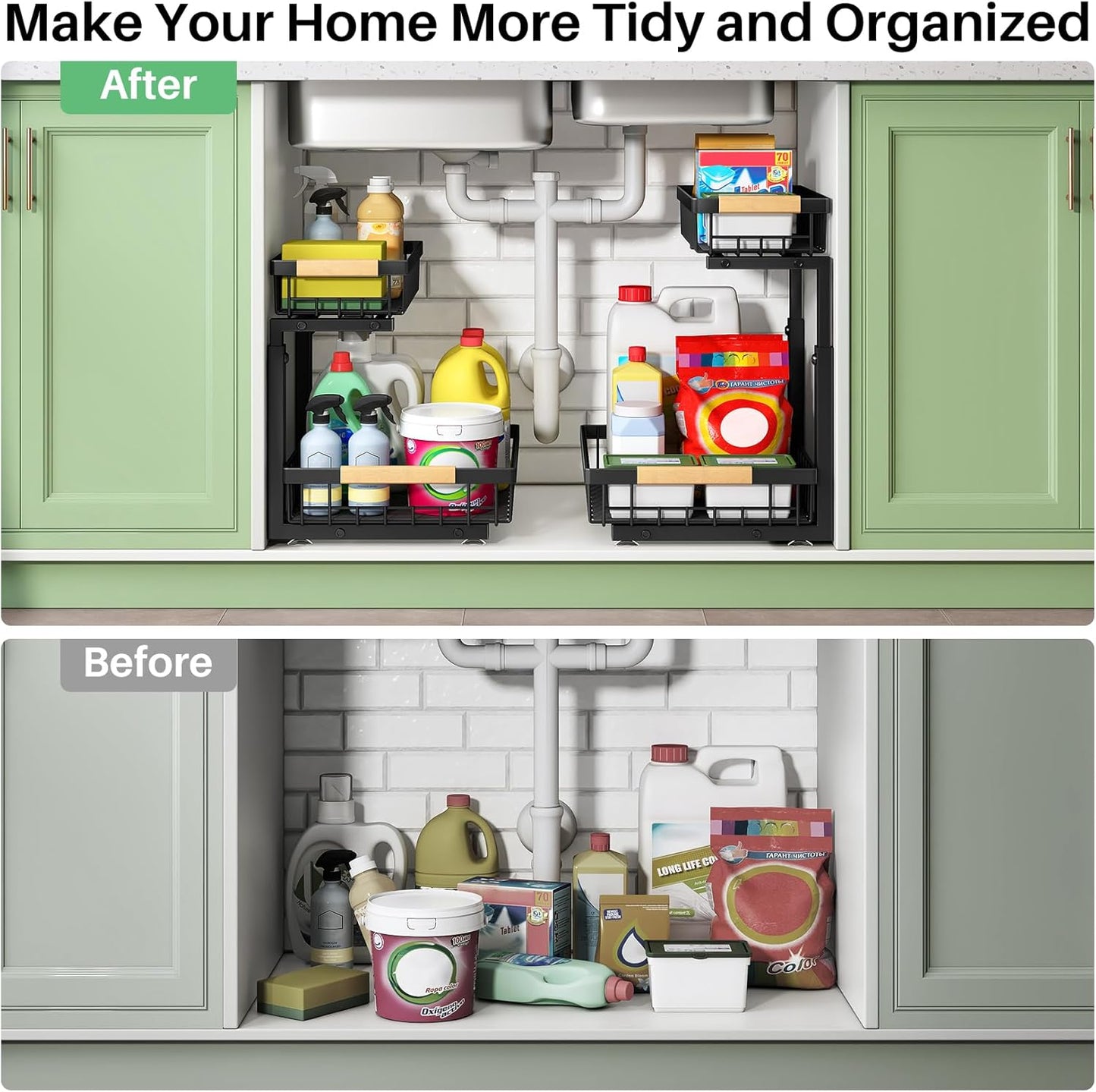 Under Sink Organizer, 2 Packs 2 Tier under Sink Organizers and Storage, Slide Out Pull Out Cabinet Organizer Shelf, Metal Sliding Drawer for Kitchen Bathroom Pantry Cabinet Closet Organization Rack
