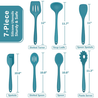 7-Piece Silicone Cooking Utensils Set, Blue Kitchen Utensils, Non-Stick Gadgets Tools Include Slotted Turner, Soup Ladle, Pasta Server