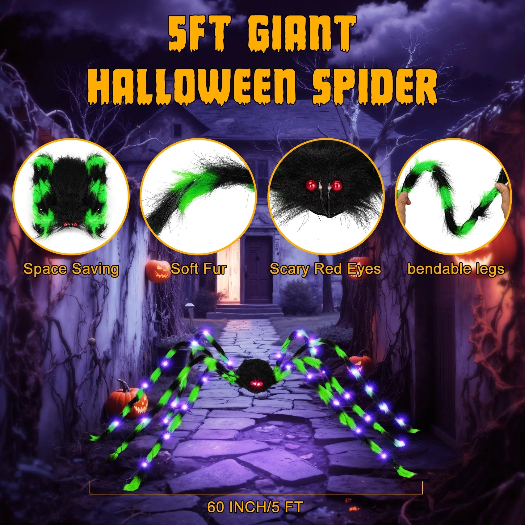 2 Giant LED 5Ft Spiders!  Light up Spider, Halloween Decorations Outdoor, 2 Pack Scary Large Halloween Spider Decor for Home Party Favor Yard Decor