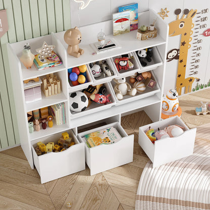 Kids Bookcase with 6 Storage Bins, Multi-Purpose Toy Organizers Bookshelf with 3 Drawers for Bedroom Nursery Playroom, White