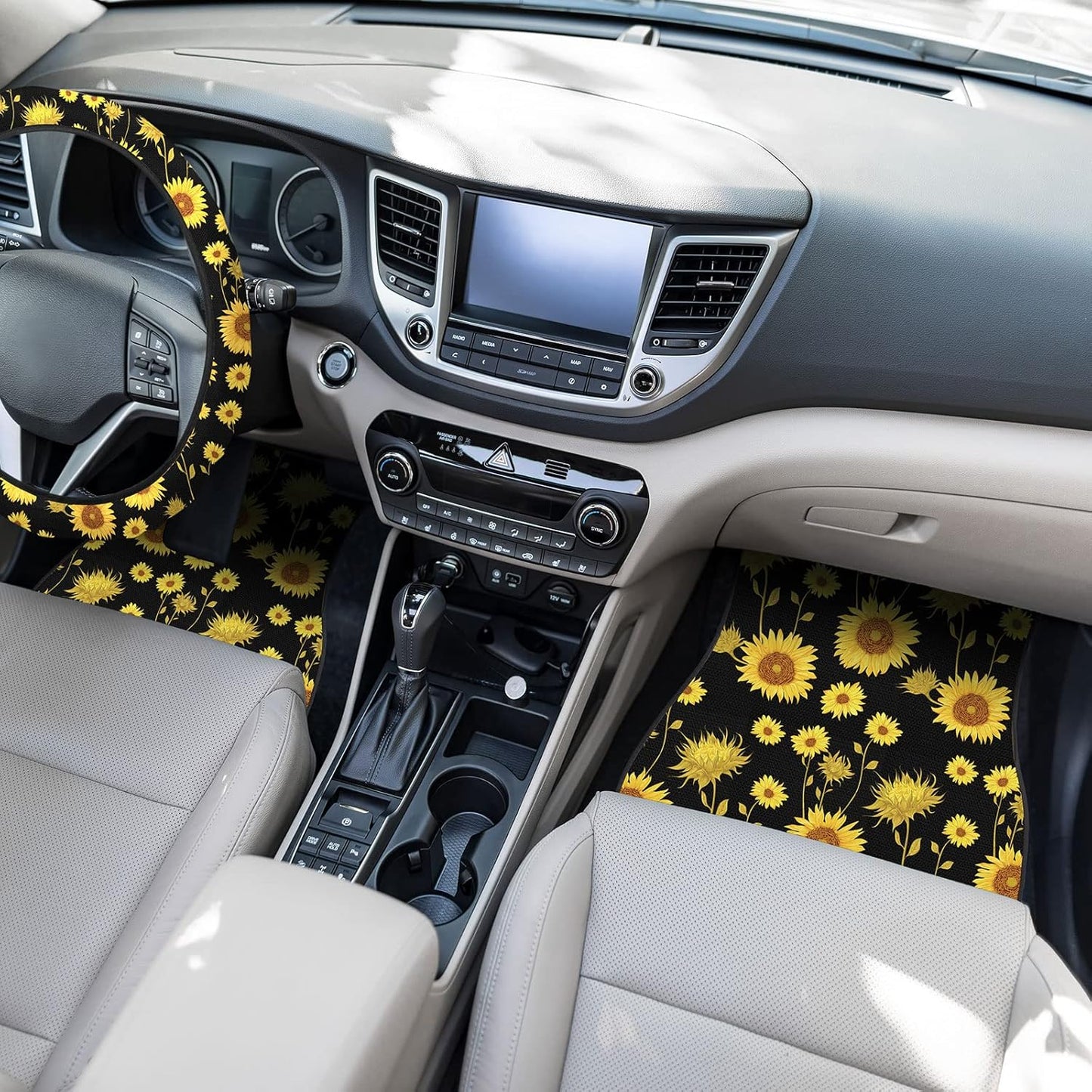 26 Pieces Sunflower Car Accessories, Sunflower Seat Covers Full Set Floor Mat Steering Wheel Cover Seat Belt Shoulder Pads Center Armrest Pad Gear Cover Handbrake Interior Car Decor