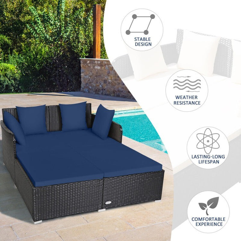 Outdoor Patio Rattan Daybed Wicker Sofa Deck Furniture W/Cushions & Pillows Navy