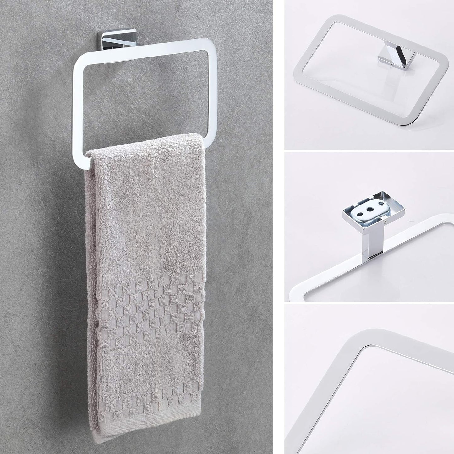 4 Piece Bathroom Hardware Accessories Set,Chrome Stainless Steel Towel Bar Sets Wall Mounted - Includes 16" Towel Bar, Square Towel Ring, Toilet Paper Holder, Robe Towel Hook