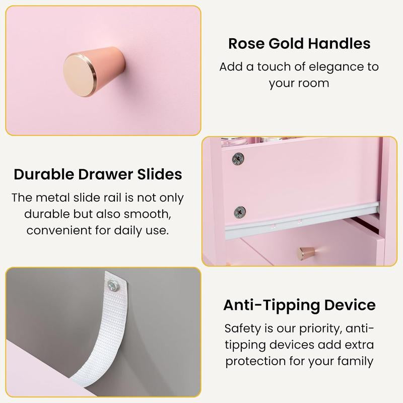 Pink/White/Brown/Grey - 5 Drawer Dresser for Bedroom, Modern Wood Dresser Chest of Drawers, Bedroom Dressers for Girls, Anti-Tipping Device, Rose Gold Metal Handle, Living Room, Entryway, Hallway, Office