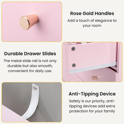 Pink/White/Brown/Grey - 5 Drawer Dresser for Bedroom, Modern Wood Dresser Chest of Drawers, Bedroom Dressers for Girls, Anti-Tipping Device, Rose Gold Metal Handle, Living Room, Entryway, Hallway, Office