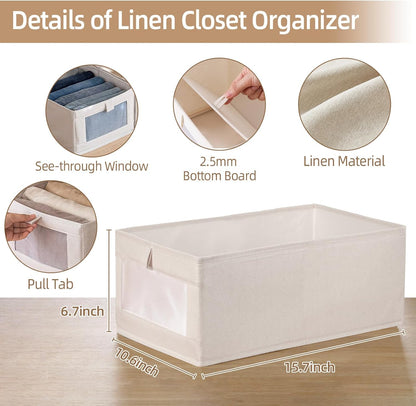 Linen Closet Organizers and Storage, 4 Pack Closet Storage Bins Linen Closet Baskets for Closet Organization Foldable Closet Organizer Bins with Clear Window for Organizing Clothing, Jeans, Shelves