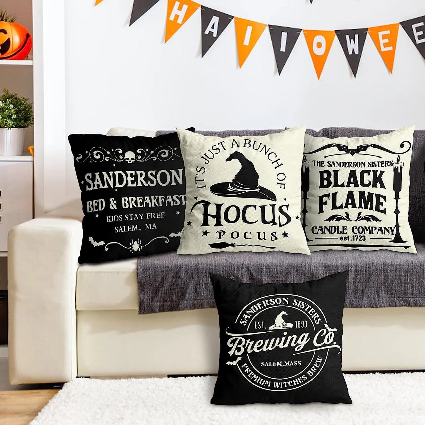 4Pack Halloween Pillow Covers 18X18", Halloween Decor Farmhouse Saying White Black Outdoor/Indoor Fall Pillow Pillows Decorative Cushion Cases for Home Sofa Couch Bed Chair