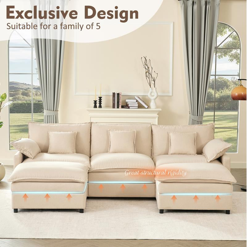 【2 Packages Shipping】Gosuhi 108" U-Shaped Modular Sectional Sofa - Comfy Cloud 3-Seater with Movable Ottoman, Deep Seat Linen Couch for Living Room, Beige Color ,Comfort & Stylish Design