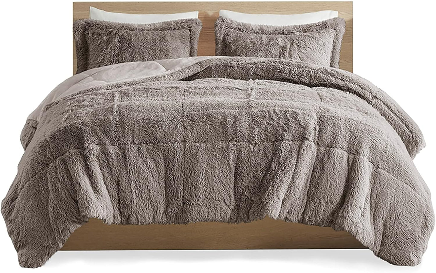 Soft Shaggy Comforter Set, Long Faux Fur Cozy down Alternative, Modern Casual Ultra Soft All Season Fluffy Bedding with Matching Sham, King/Cal King, Grey 3 Piece
