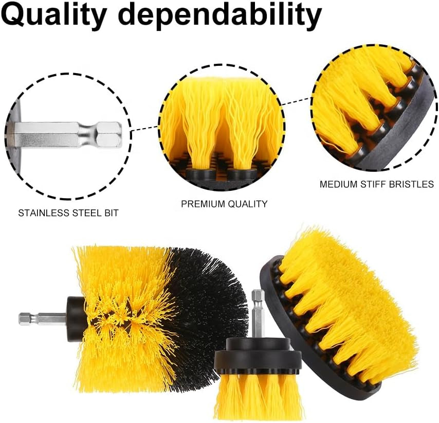 3 Pcs Drill Brush Cleaner Attachments Set Multi-Purpose Scrubber for House - Ideal for Crevices, Car Seats, Rims, Bathroom, Kitchen, Tiles Cleaning (Yellow)