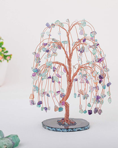 Natural Healing Crystals Fluorite Tree Tumbled Gemstone Stones Money Tree, Geode Agate Slices Base Feng Shui Ornaments Home Table Decoration for Wealth and Luck 5.5"-6.3"