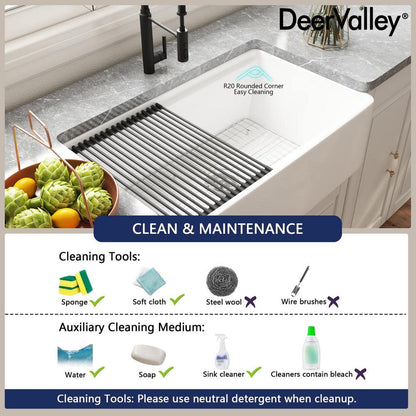33 In. Workstation Kitchen Sink - Single Bowl Farmhouse Apron  with Cutting Board, Bottom Grid, Strainer