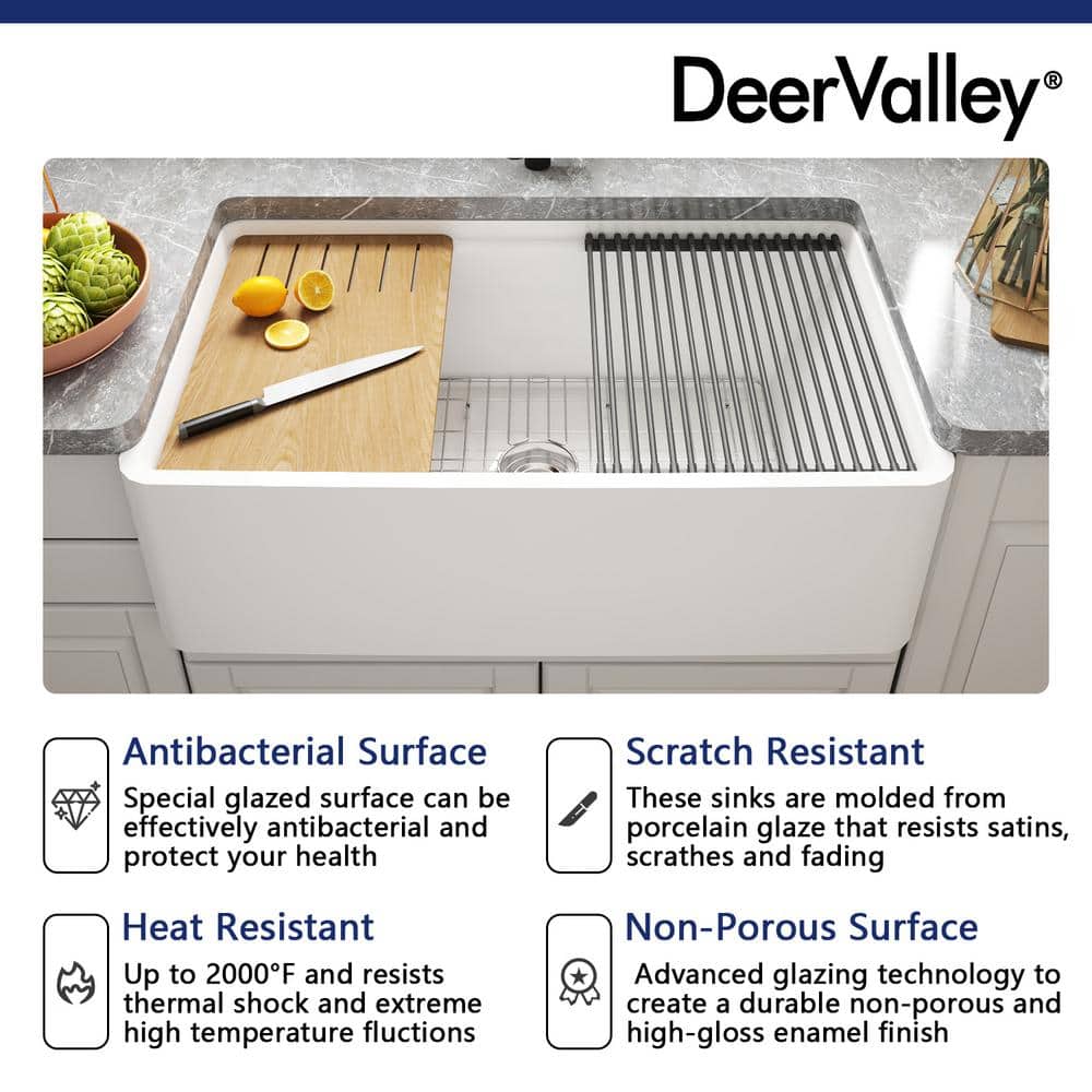 33 In. Workstation Kitchen Sink - Single Bowl Farmhouse Apron  with Cutting Board, Bottom Grid, Strainer