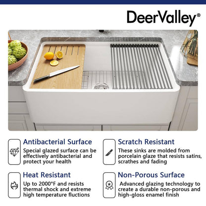 33 In. Workstation Kitchen Sink - Single Bowl Farmhouse Apron  with Cutting Board, Bottom Grid, Strainer