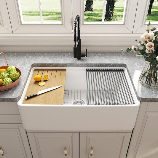 33 In. Workstation Kitchen Sink - Single Bowl Farmhouse Apron  with Cutting Board, Bottom Grid, Strainer
