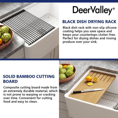 33 In. Workstation Kitchen Sink - Single Bowl Farmhouse Apron  with Cutting Board, Bottom Grid, Strainer