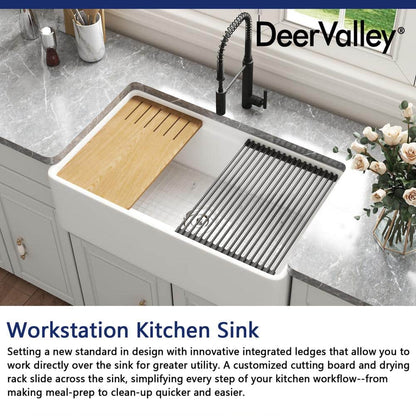 33 In. Workstation Kitchen Sink - Single Bowl Farmhouse Apron  with Cutting Board, Bottom Grid, Strainer